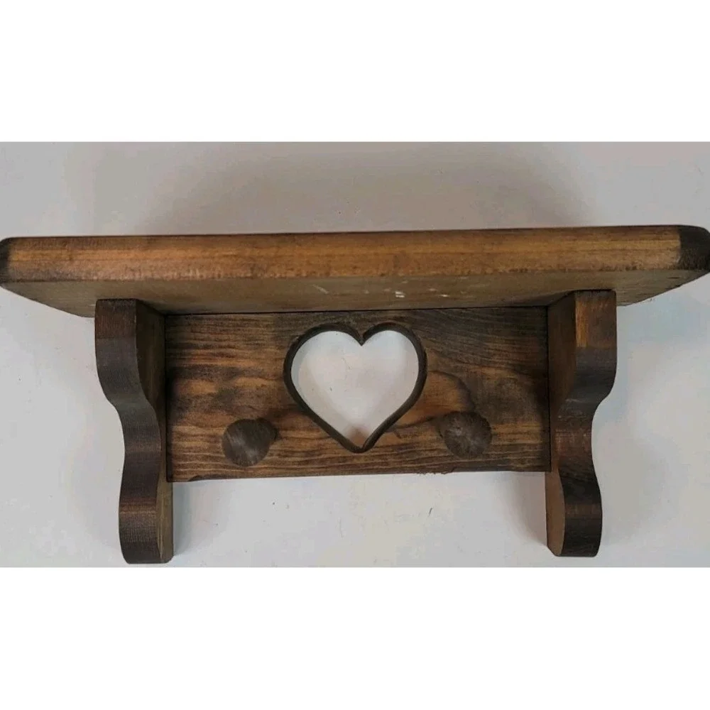 Wood Wall Mounted Shelf with Heart Cutout, Peg Hooks, Country Style 12x3.5x6